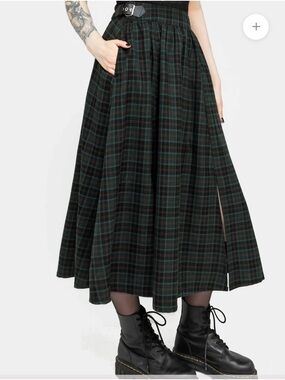 Disturbia Women’s Dark Green Plaid Midi Skirt with Side Slit
